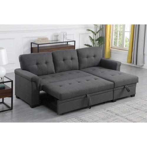 Dark Gray Linen Reversible Sleeper Sectional Sofa With Storage Chaise