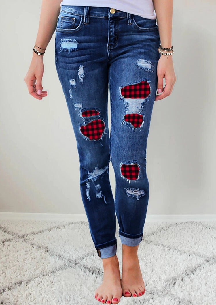 Women's Buffalo Plaid Printed Denim Stretch Pants With Holes