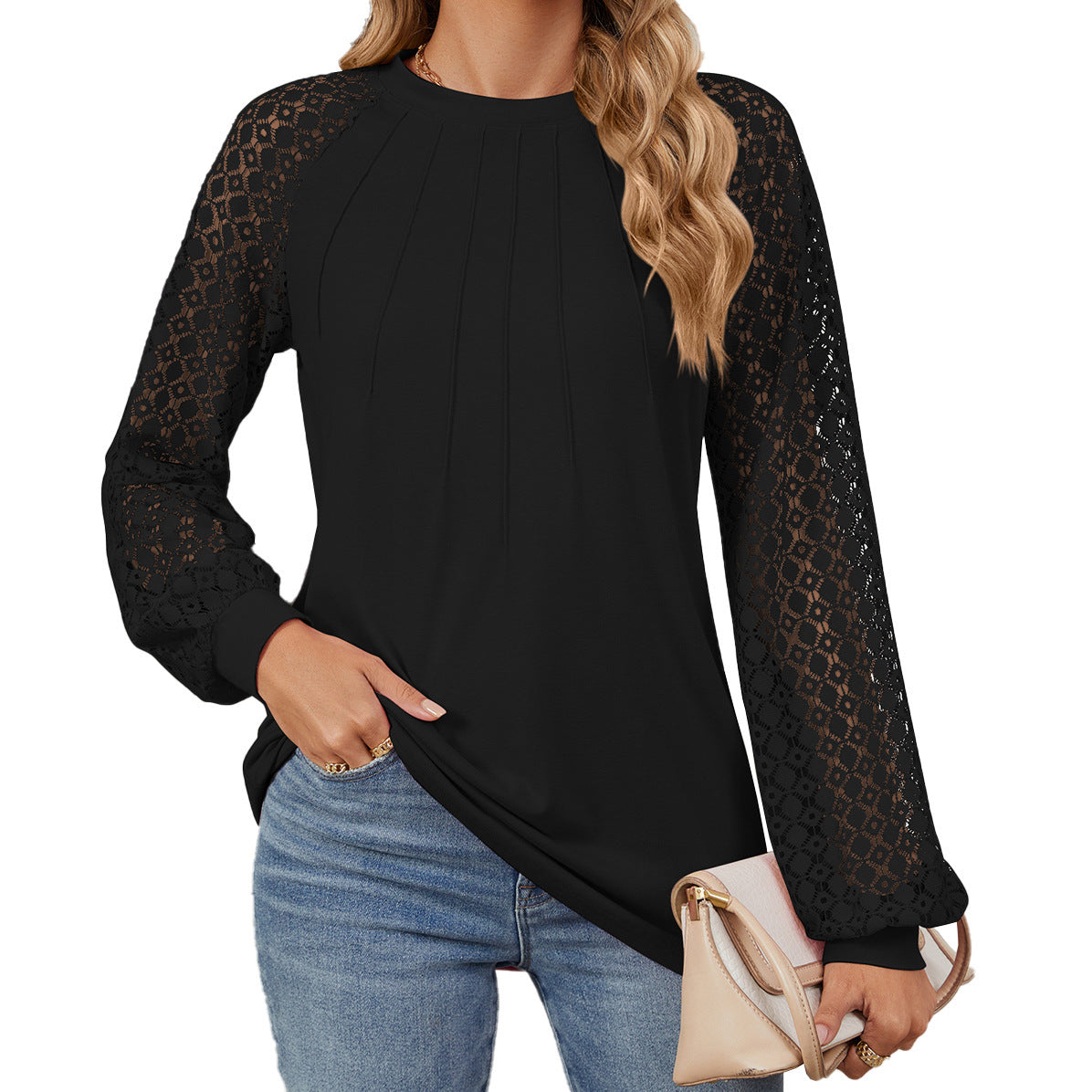 Lace Long Sleeve Round Neck Solid Color Pullover Top