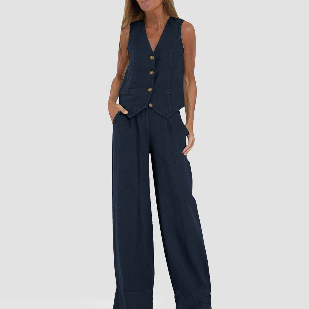 Vest Suits V-neck Button Sleeveless Top And Loose Straight Trousers