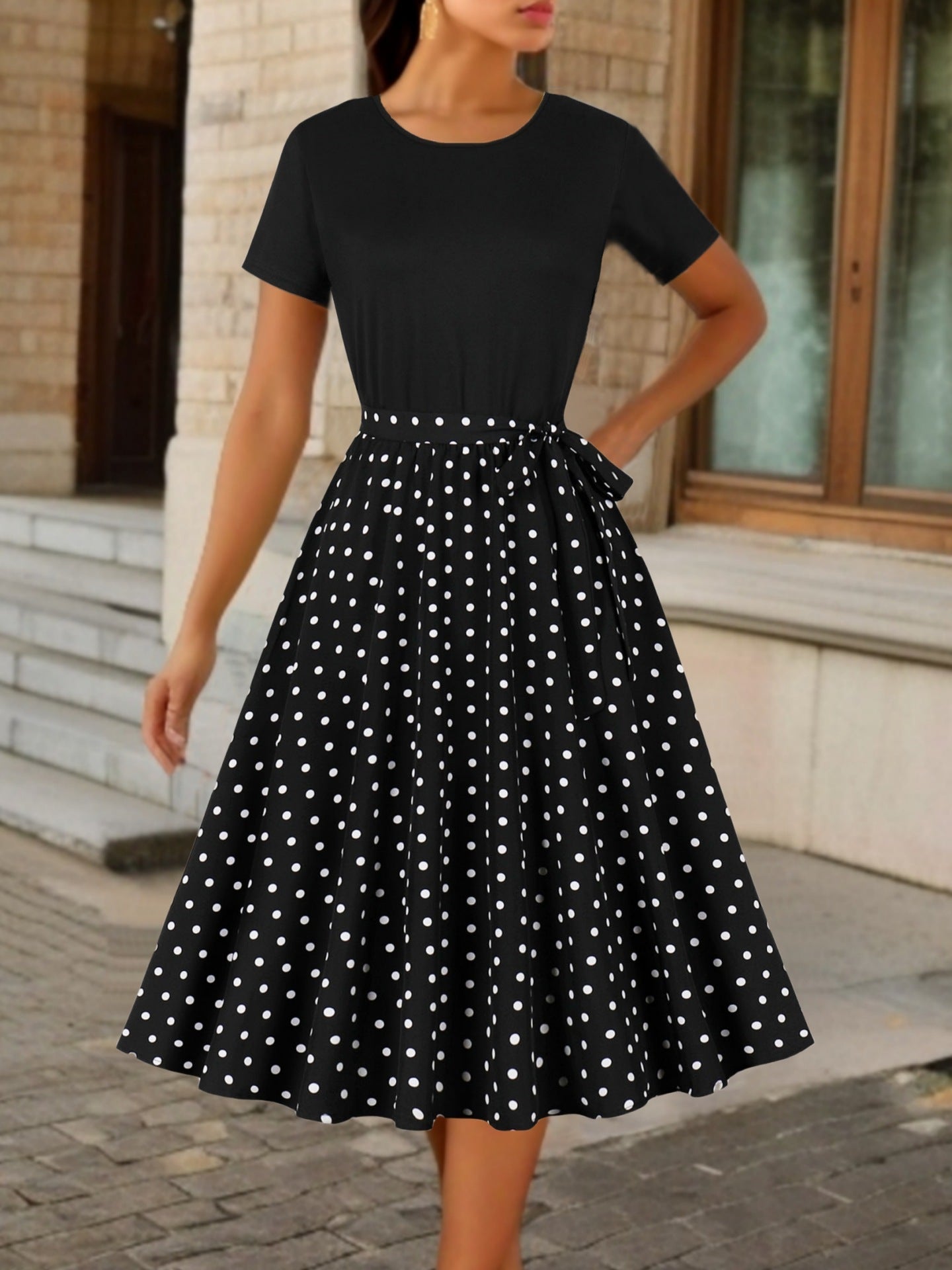 Round Neck Vintage Print Short Sleeves Dress