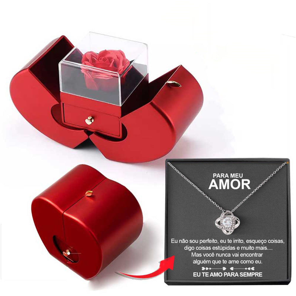 Fashion Jewelry Box Red Apple Necklace Eternal Rose With Artificial Flower Rose Flower Jewelry Box