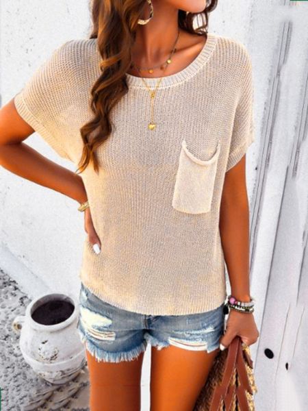 Short Sleeve Front Pocket Knit Top Pullover Sweater