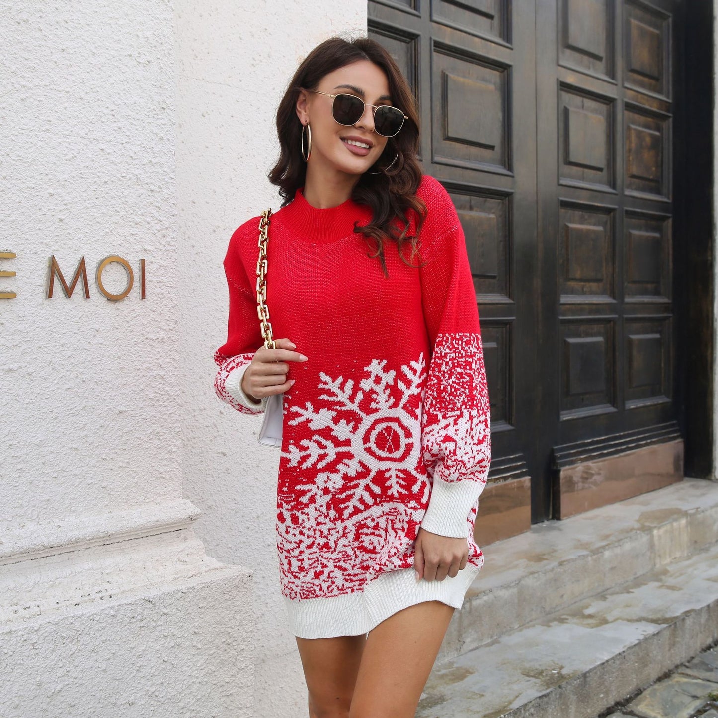 Christmas Snowflake Sweater Dress Loose Pullover Knitted Dresses Fall Winter Women's Clothing