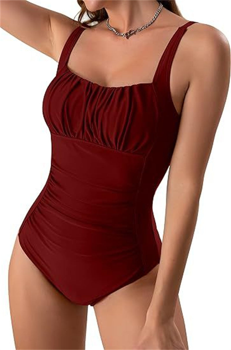 One-piece Solid Color Pleated Swimsuit