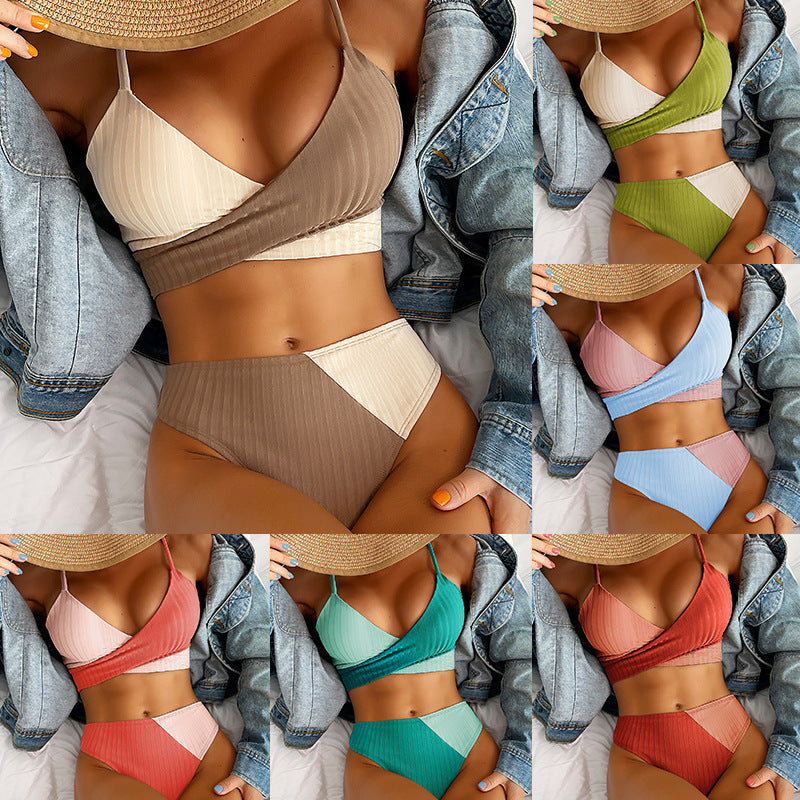 Patchwork Ribbed Swimsuit, Knot Back, Ruched Butt Biquinis Bathing Suits