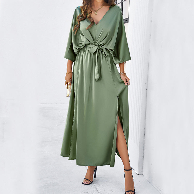 Bat Sleeve Long-sleeved V-neck Dress With Split Design Temperament Loose High Waist Lace-up Long Dresses