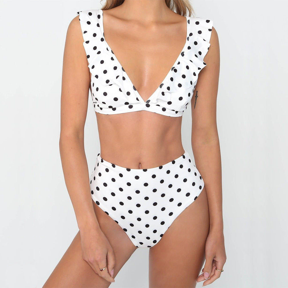 2pcs Black And White Polka Dot Print, Ruffled Deep V-neck Bikini Set