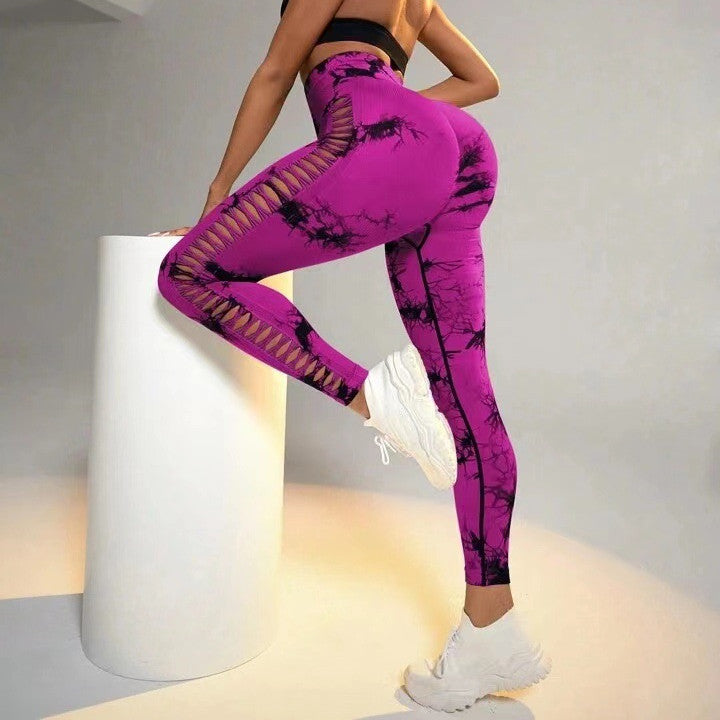 Hollow Tie Dye Printed Yoga Pants, High Waist Butt Lift & Seamless