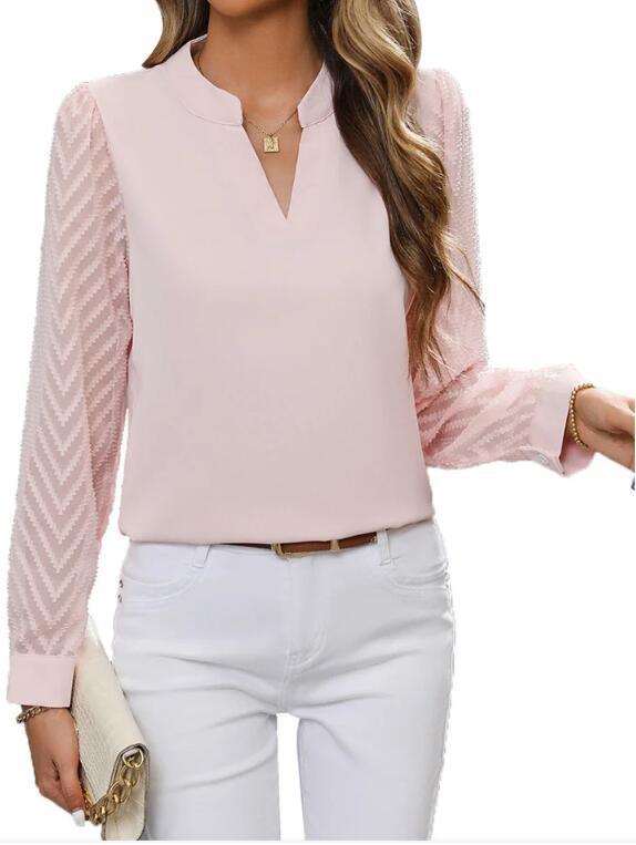 Chiffon Patchwork Long Sleeve Solid Color V-neck Top