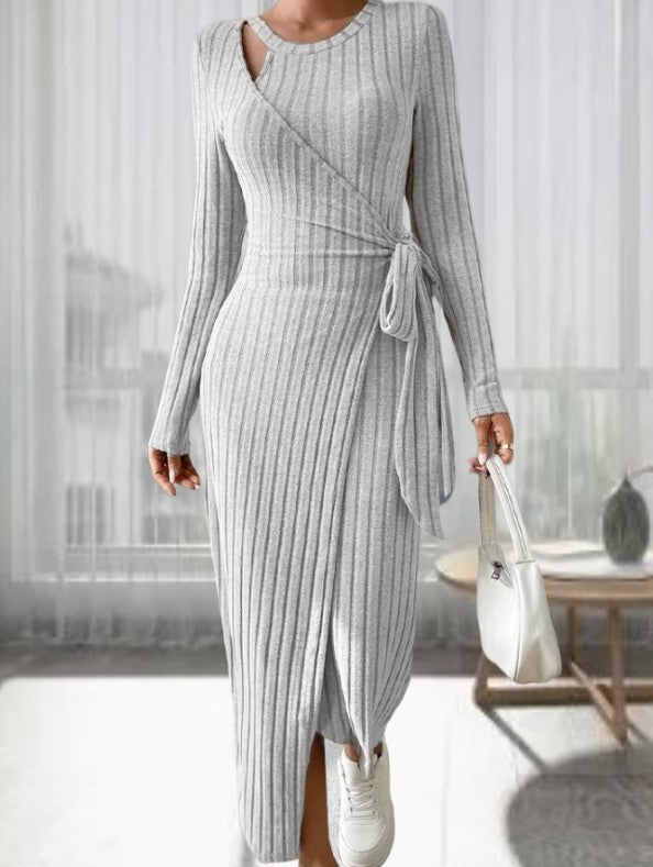 Striped Fashion Round Neck Long Sleeve Narrow Bow Dress