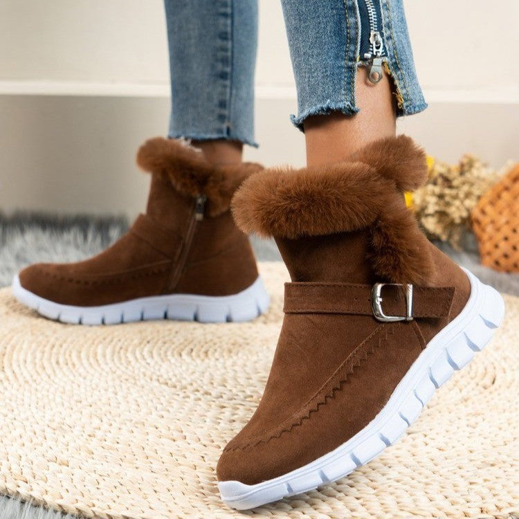 Snow Boots Warm Thick Solid Color Plush Ankle Boots With Buckle Design