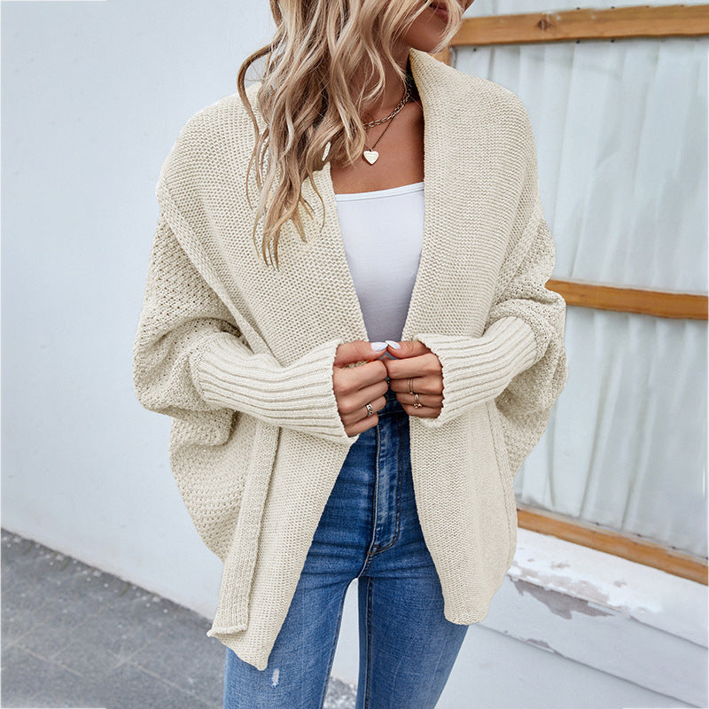 Loose Knitted Solid Color Bat Sleeve Large Lapel Cardigan Sweater