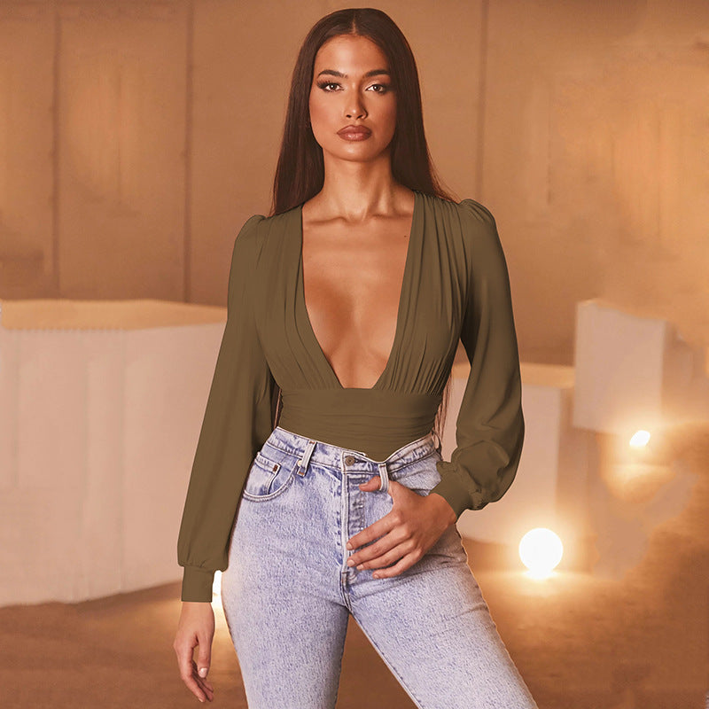 Long-sleeved deep V waist pleated temperament bodysuit