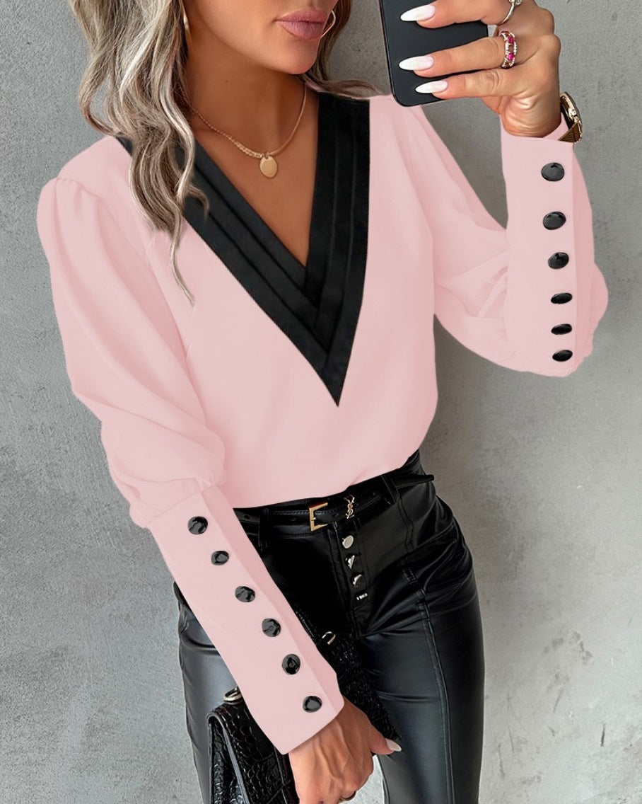 V-neck Long Sleeve Blouse With Button Design