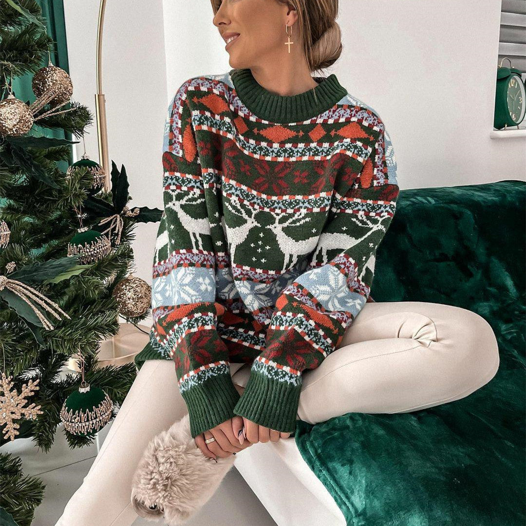 Round Neck Loose Christmas Theme Jacquard Long Sleeve Sweater