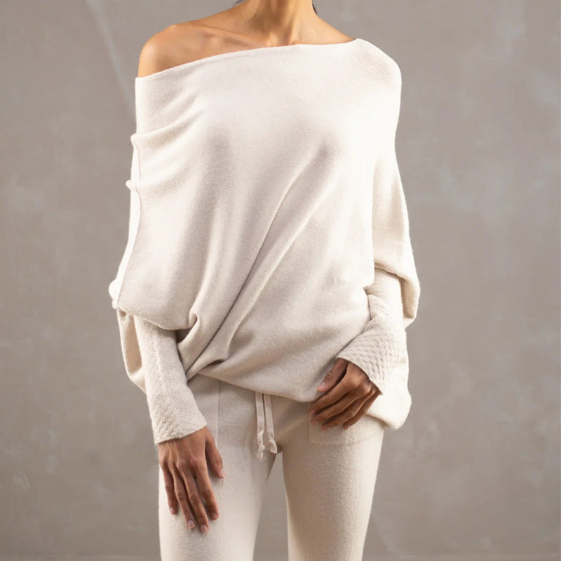 Solid Off-shoulder Batwing Sleeve Sweater