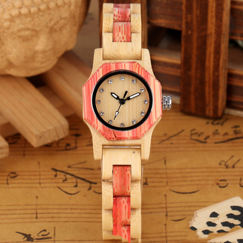 Octagon Face Diamond Ladies Wooden Watch