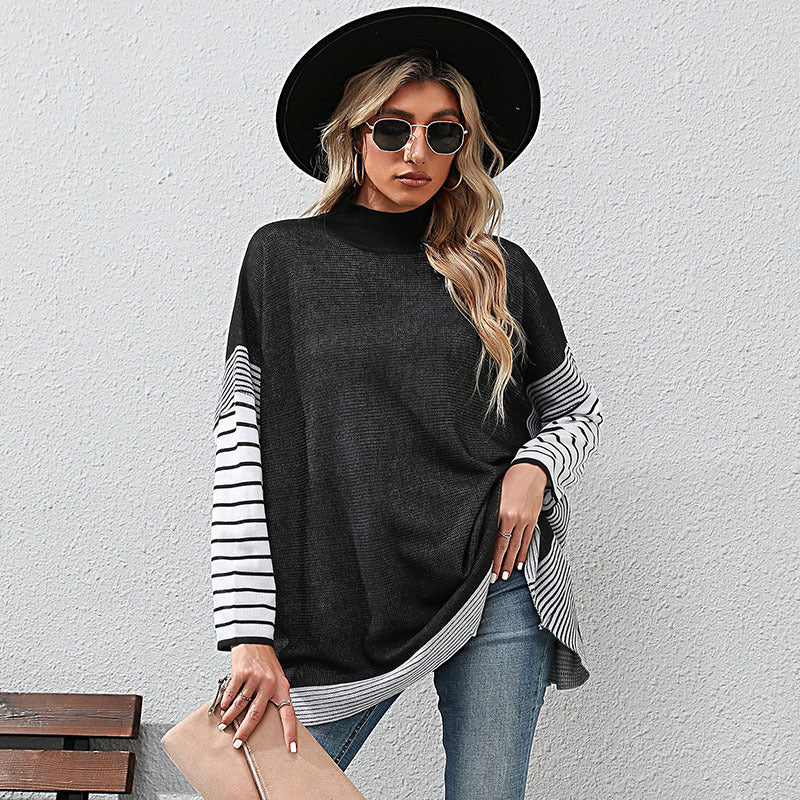 Women's Bat Sleeve Stripe Half High Neck Sweater