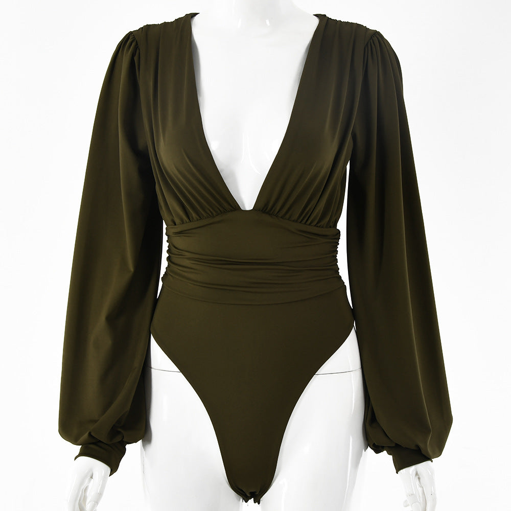 Long-sleeved deep V waist pleated temperament bodysuit