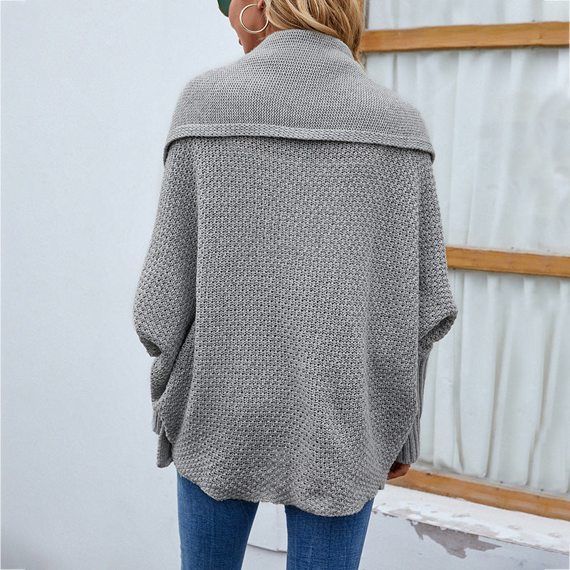 Loose Knitted Solid Color Bat Sleeve Large Lapel Cardigan Sweater