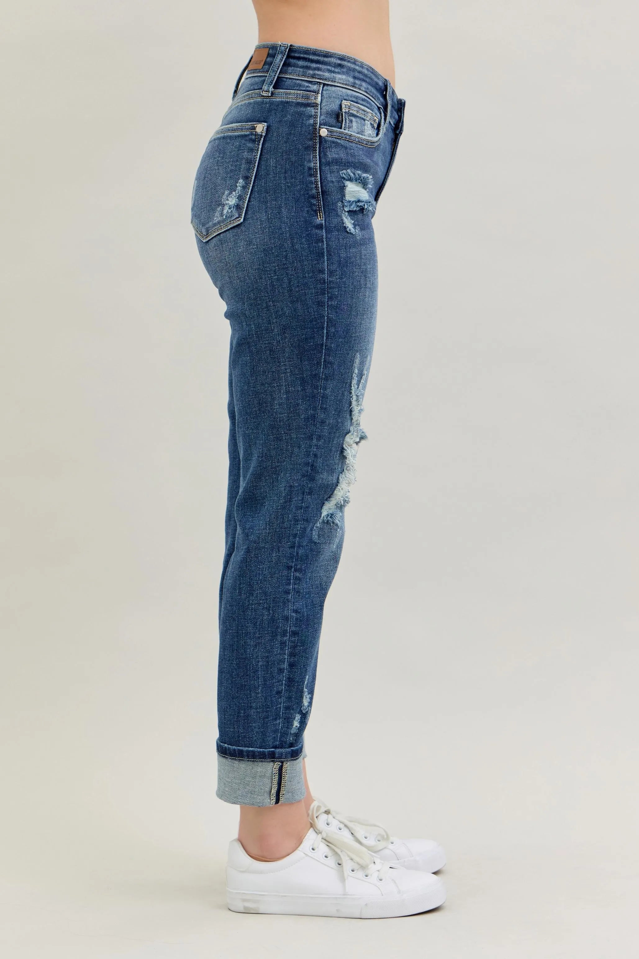 Judy Blue Full Size Mid Rise Cuffed Destroy Boyfriend Jeans