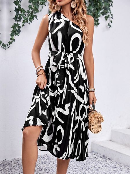 Printed One Shoulder Tie-Waist Sleeveless Dress