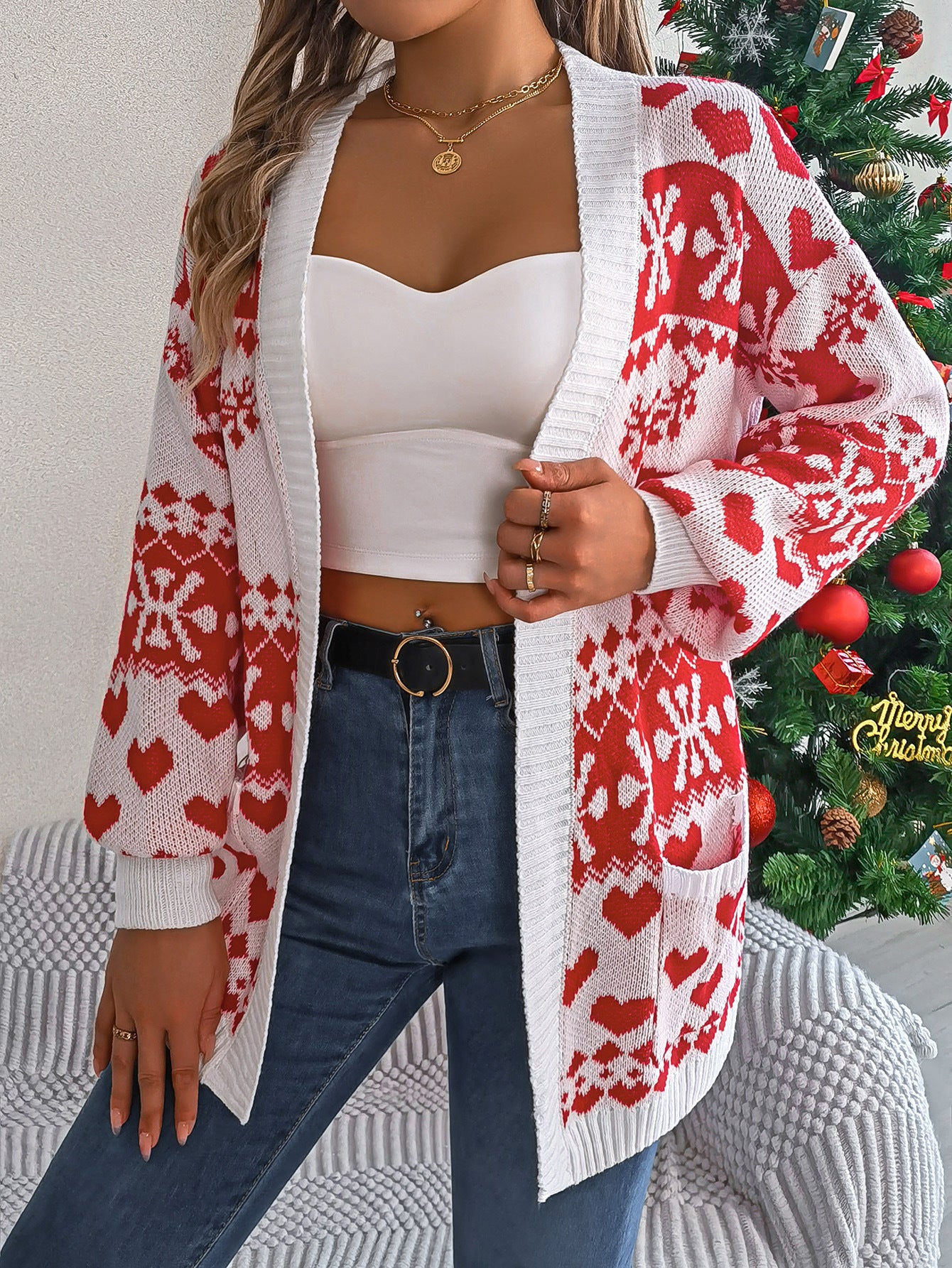 2024 Christmas Open Front Cardigan, Lantern Sleeve Xmas Printed Oversized Deer Sweater Pockets