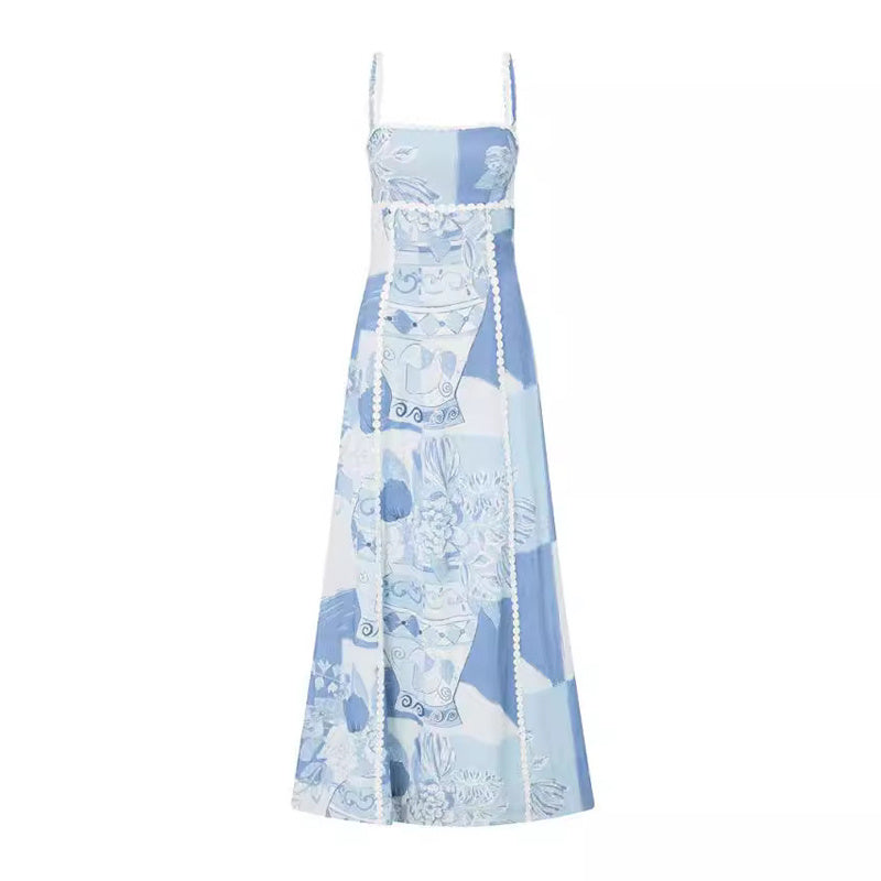 Floral Print Lace Sling, Backless Bow Suspender Long Dress