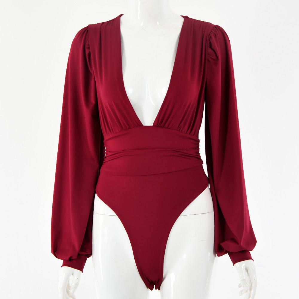 Long-sleeved deep V waist pleated temperament bodysuit