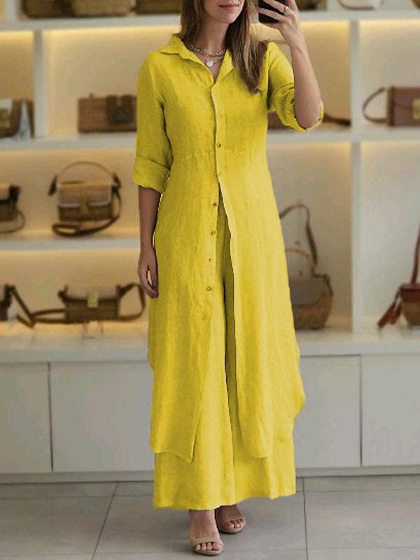 Urban Elegant Cotton And Linen Slim-fit Waist-tight Long Shirt Wide-leg Pants Suit