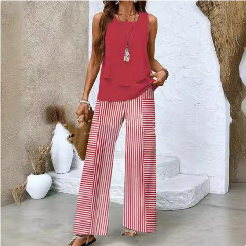 Printed Sleeveless Double-layer Vest And Loose Straight Pants Suit