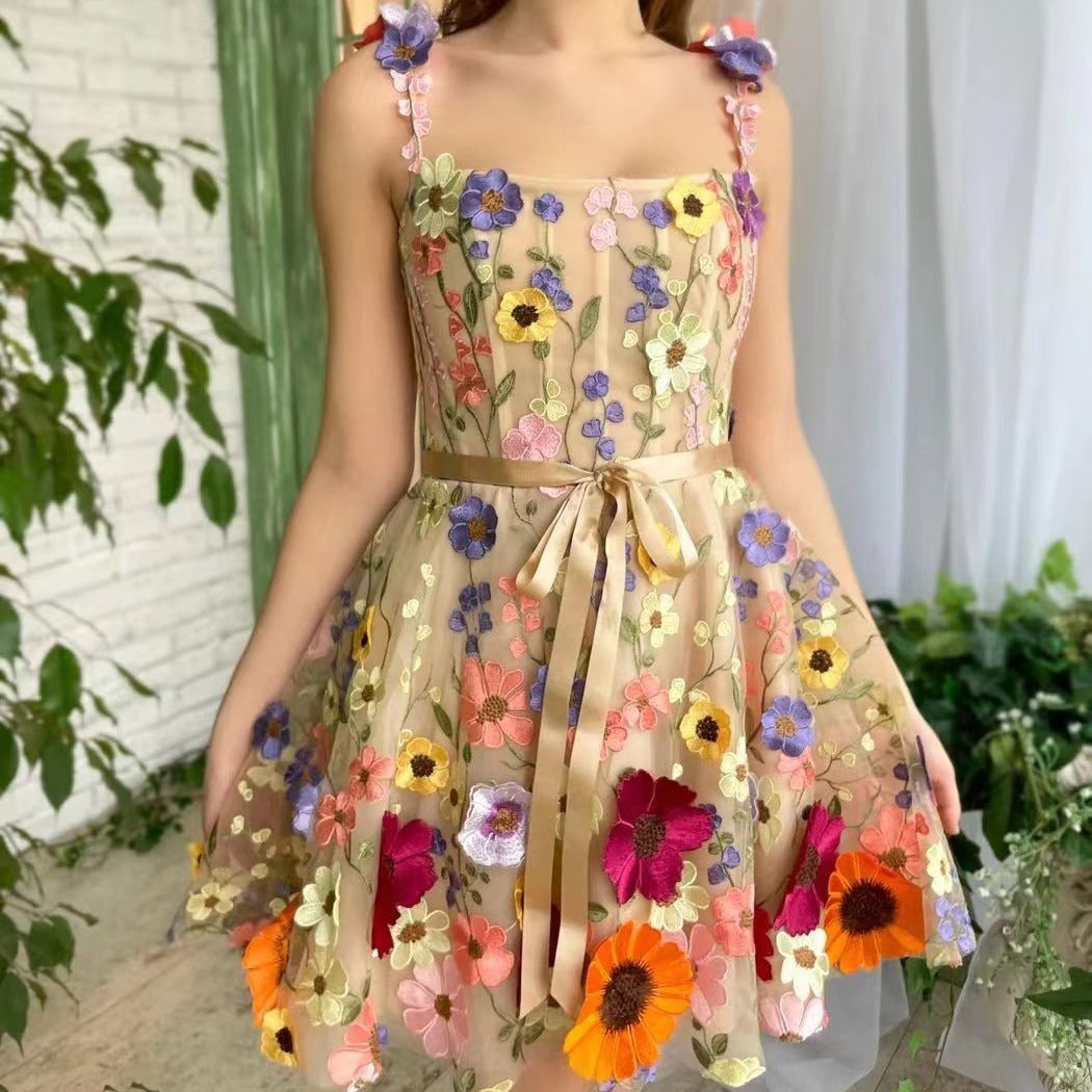 Three-dimensional Flower Embroidery, Sweet A-line Suspender Dress