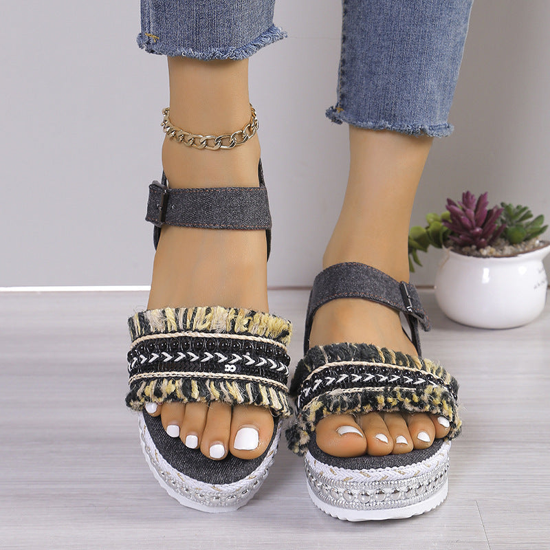 Tassel Denim Sandals With Thick-soled, Flat Heel, Hemp Rope Sole Ethnic Style Shoes