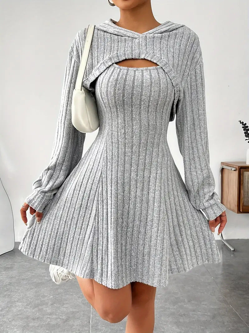 Hooded Shawl Long-sleeved Vest Short Dress Two-piece Set