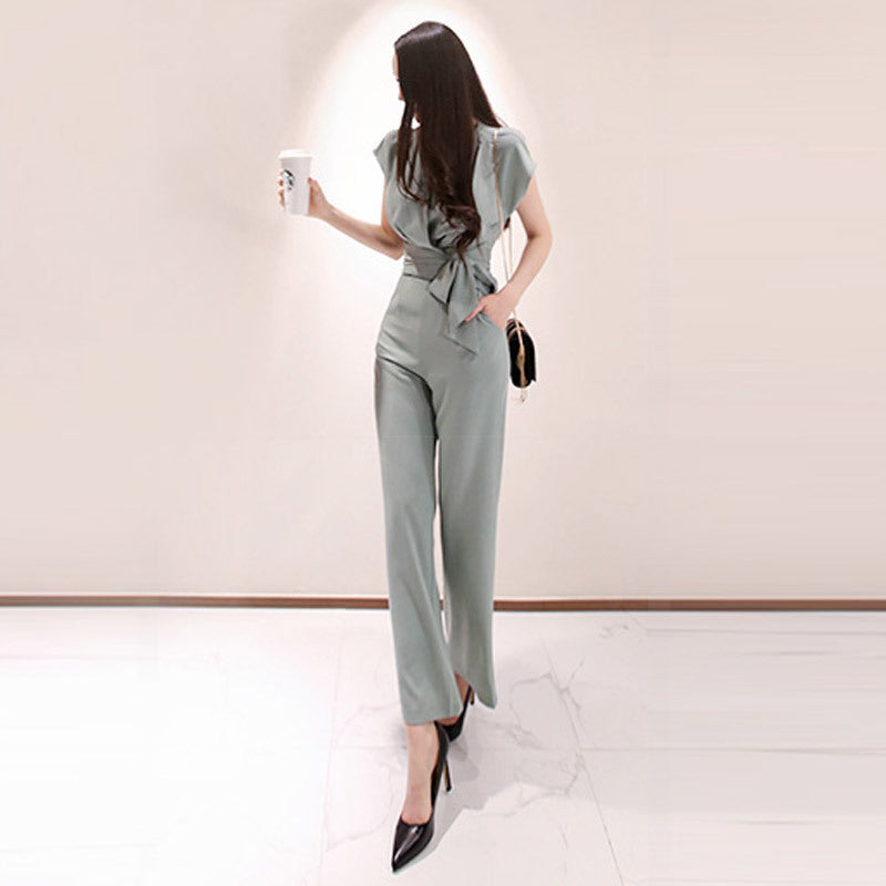 Professional Women's Sleeveless V-Neck Tie Top Pants Set