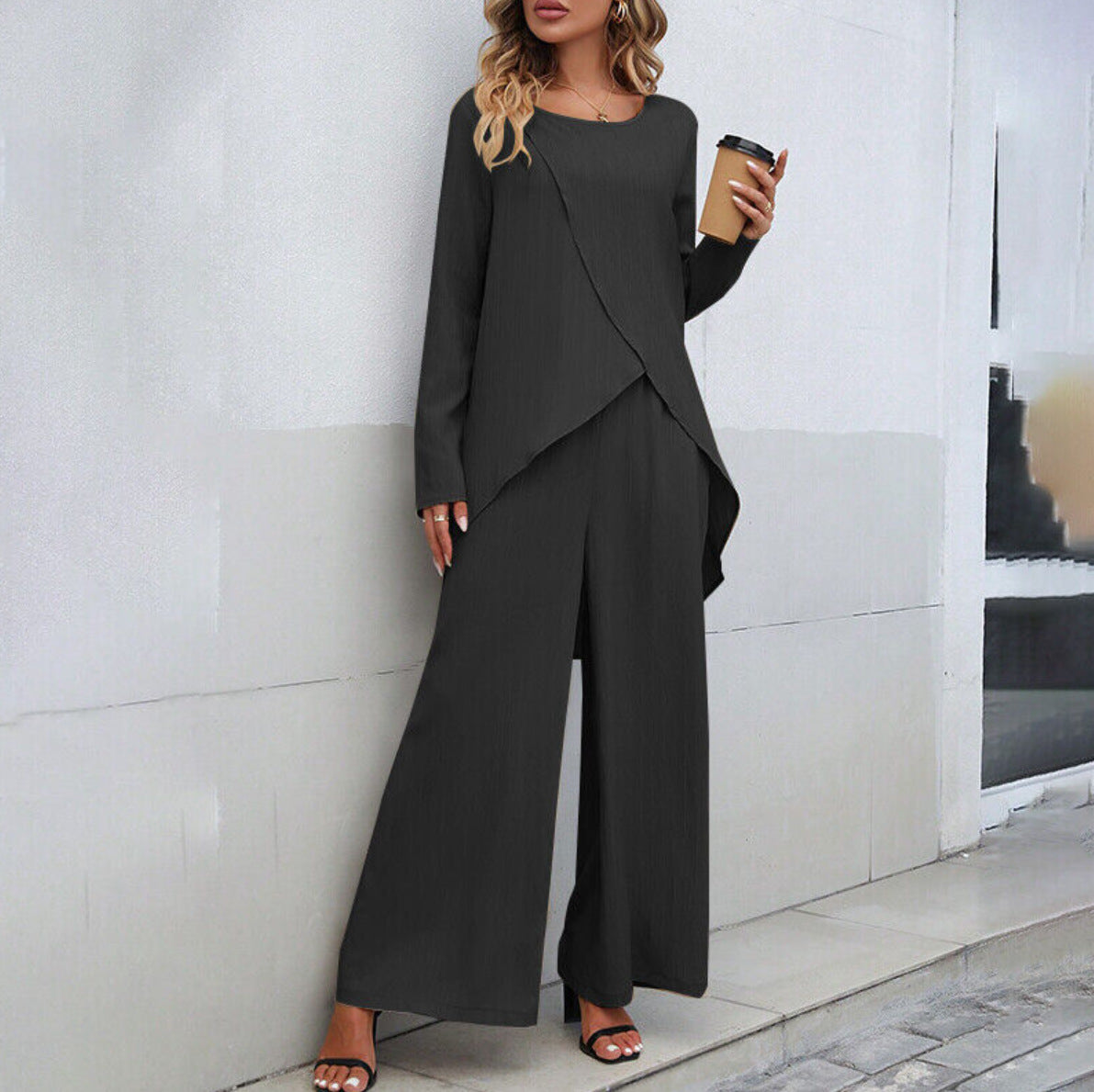 Two-piece Set Long Sleeve Irregular Hem Top Elastic Waist Wide Leg Trousers