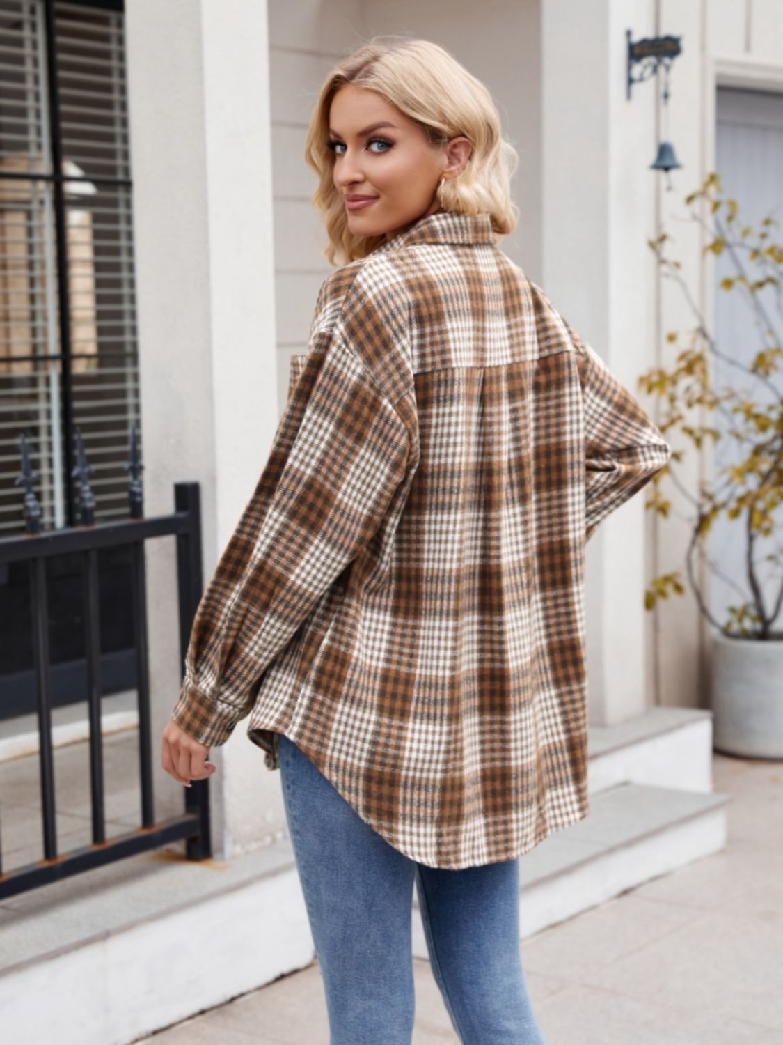 Mandy Pocketed Plaid Collared Neck Long Sleeve Shirt