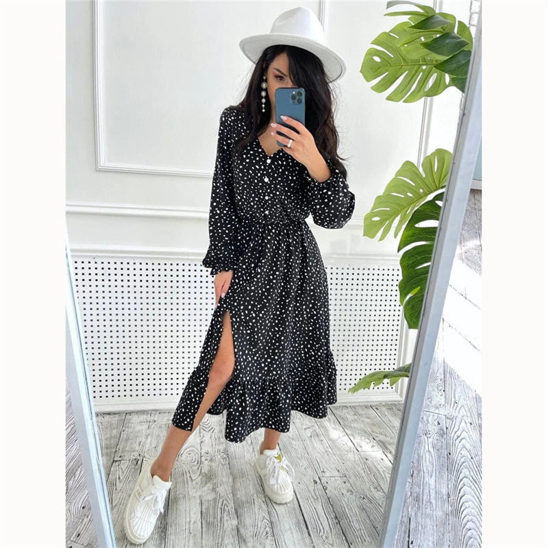 V-neck Casual Polka Dot Long Dress Split Dress