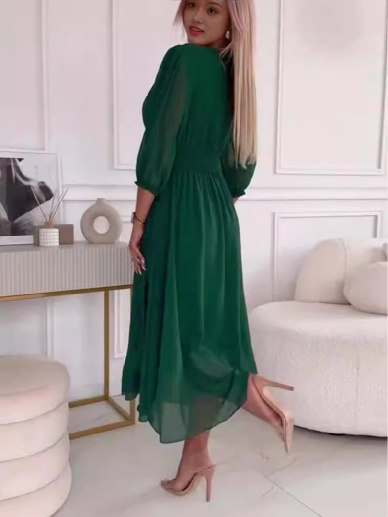 V-neck Waist-tight Long Sleeve Dress