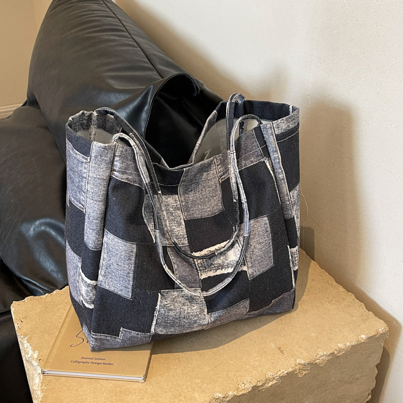 Large Capacity Denim Color-contrast Check Idle Tote Bag