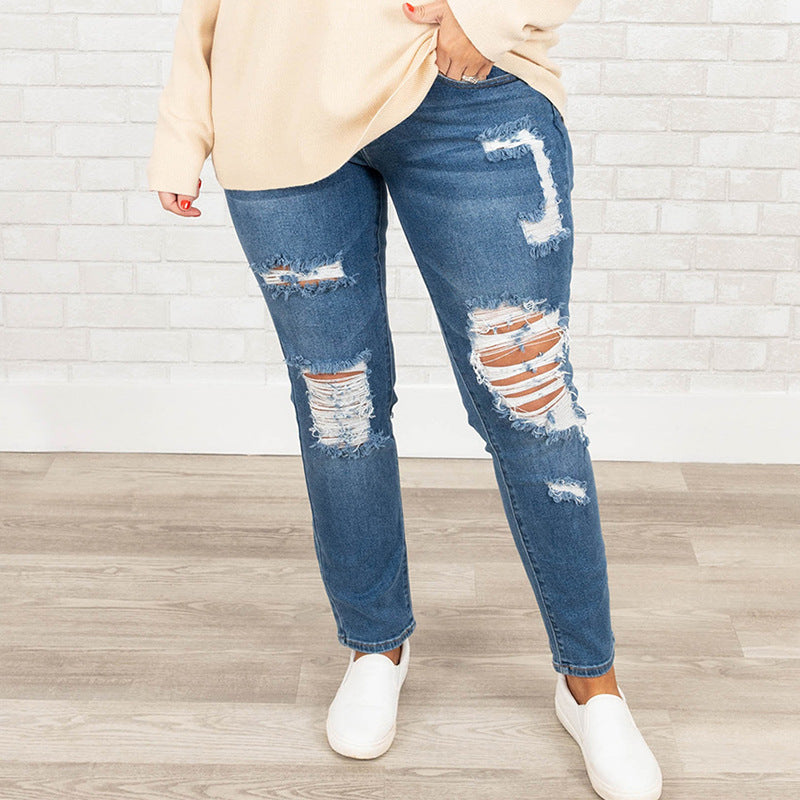 Plus Size Worn Fashion Jeans Women