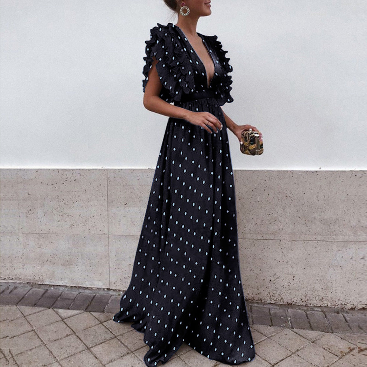 Feifei Sleeve V-Neck Backless Polka-Dot Long Dress