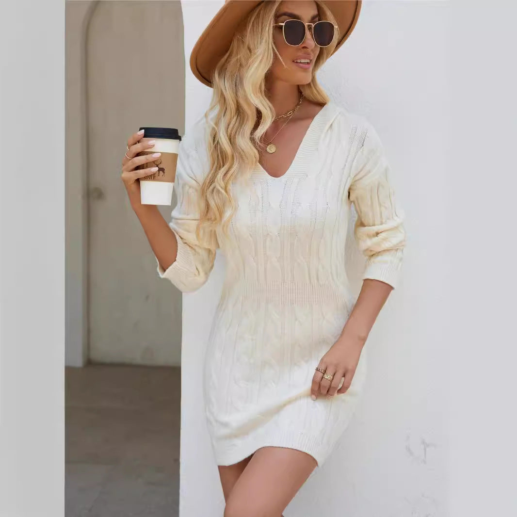 V-Neck Hooded Long Sleeve Knit Dress