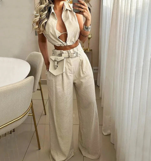 Solid Color Lapel Sleeveless Top Casual Pants Set