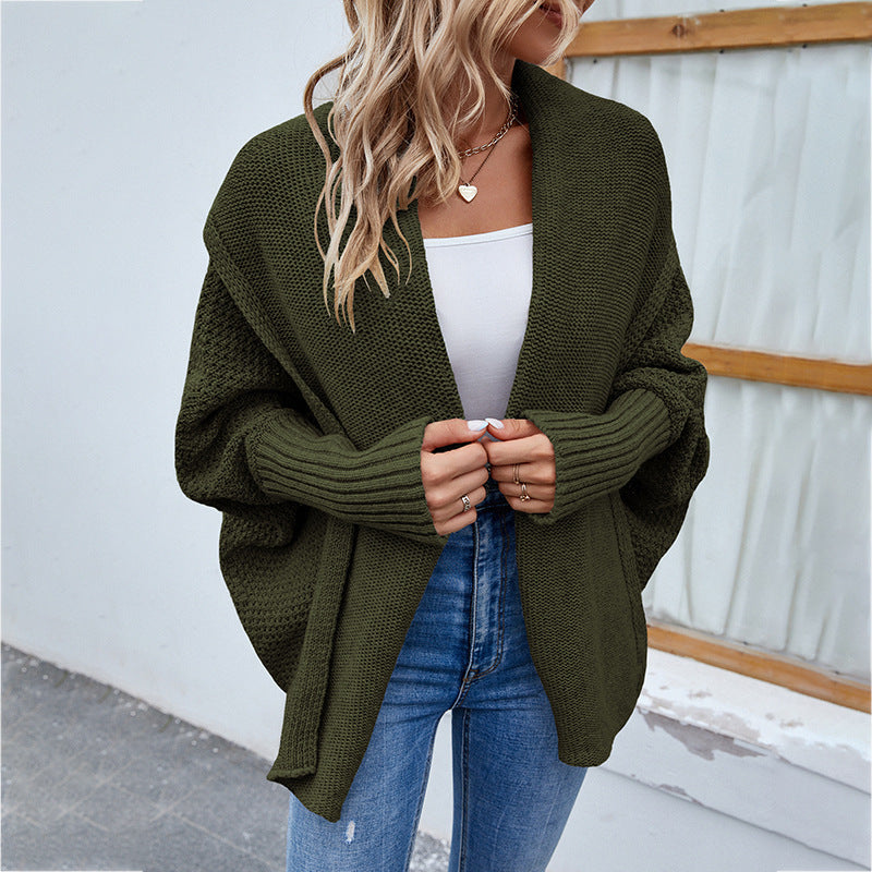 Loose Knitted Solid Color Bat Sleeve Large Lapel Cardigan Sweater