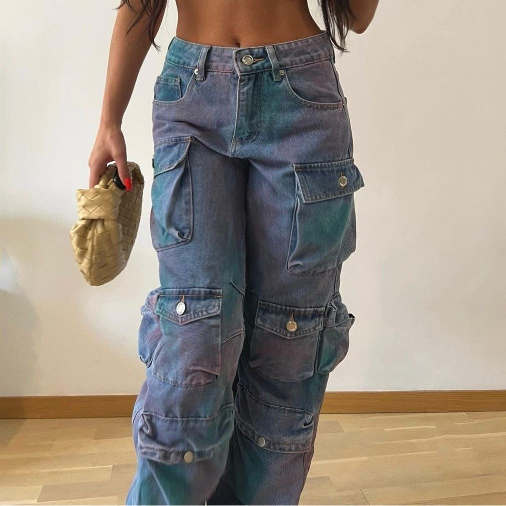 Women's Low Waist Denim Cargo Jeans