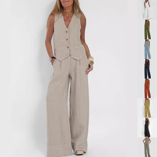 Vest Suits V-neck Button Sleeveless Top And Loose Straight Trousers