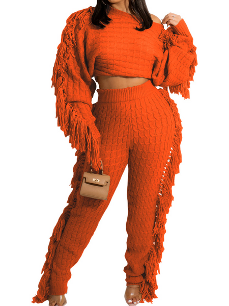 New Women's Casual Solid Knitted Long Sleeve Tassel Set