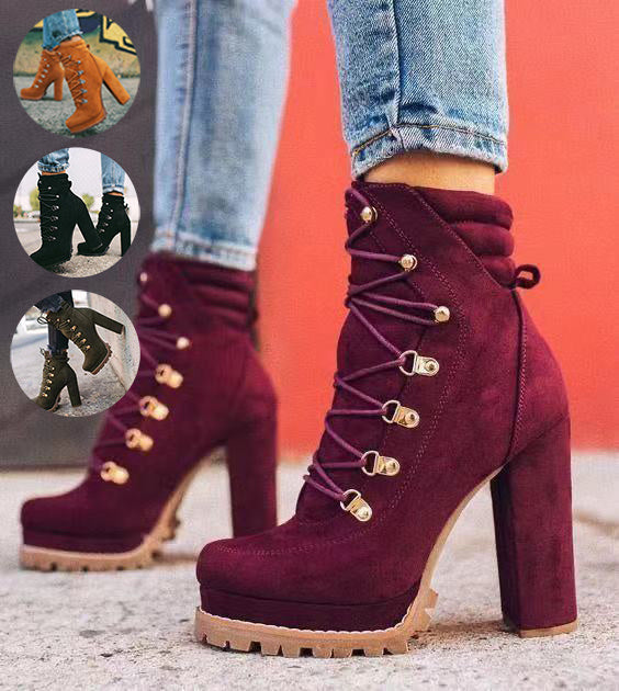 Heeled Round Toe Lace UP High Heel Mid Calf Boots